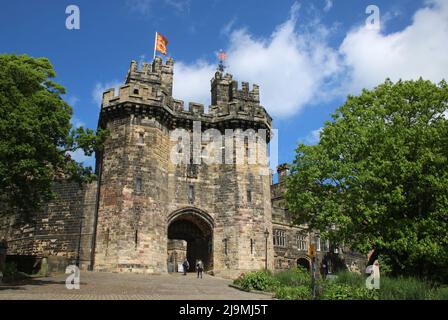 View of St John O'Gaunt's Gateway, the main entrance to Lancaster Castle, Lancaster, Lancshire, England. Stock Photo