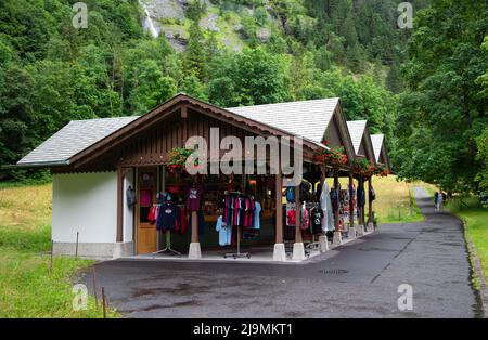 View of a Swiss Souvenir shop at the entrance to the Trummelbach falls, one of the biggest glacier fed waterfalls in Europe. Stock Photo