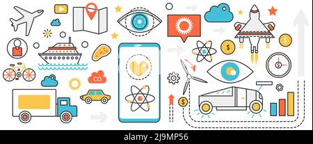 Old and new transport technology. Abstract air pollution from plane, cars and trucks, rocket launch and eco bicycle, delivery and transportation in infographic concept banner, thin line art design Stock Vector