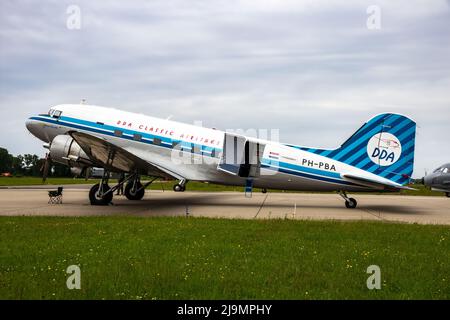 Classic Douglas DC-3 Dakota plane on the tarmac of Leeuwarden Air Base. The Netherlands - June 10, 2016 Stock Photo