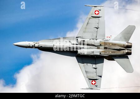 Swiss Air Force McDonnell Douglas F/A-18 Hornet fighter jet plane in flight above Kleine-Brogel Airbase. September 8, 2018 Stock Photo