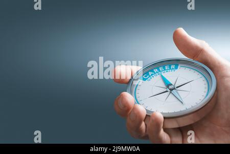 Hand holding compass with needle pointing the text career opportunity over blue background. Composite image between a 3d illustration and a photograph