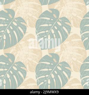 Monstera pattern grunge print and doodle drawing. Vector illustration Stock Vector