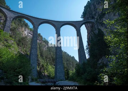 The famous Landwasser viaduct limestone bridge near Filisur town in the ...