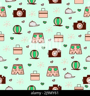 Summer doodles, seamless pattern on green background Stock Vector