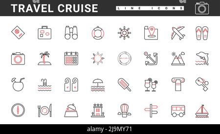Sea cruise, vacation and travel thin red and black line icons set vector illustration. Abstract summer attractions, palm, water and umbrella on sand beach, luggage binoculars and passport of tourist Stock Vector