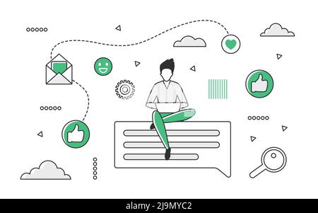 Social media networking platform. Online content sharing and user activity vector monocolor illustration Stock Vector