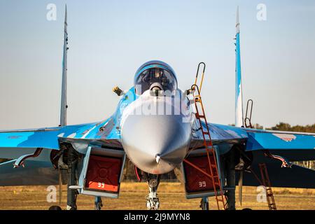 Ukrainian Air Force Sukhoi Su-27 Flanker fighter aircraft on the tarmac of Kleine-Brogel Airbase. Belgium - September 14, 2019. Stock Photo