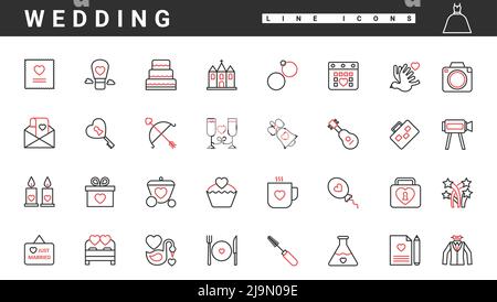 Romantic wedding celebration and marriage thin red and black line icons set vector illustration. Abstract love gift with heart, cake and dove, groom suit, key and arrow decoration for bridal party Stock Vector