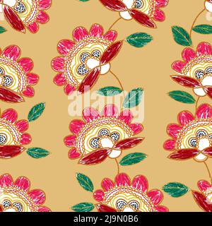 Ukrainian red flower embroidery seamless pattern on beige. Vector floral folk art  Stock Vector