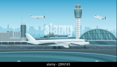 Plane taking off or landing at sunset, rear view. Vector illustration ...