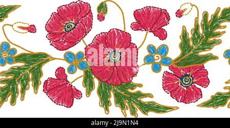 Ukrainian embroidery seamless poppy floral border. Blue flower embroidered arrangement Stock Vector