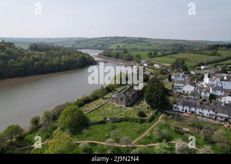 Church of St Mary and St Gabriel ,Stoke Gabriel Village , Devon UK drone aerial view Stock Photo