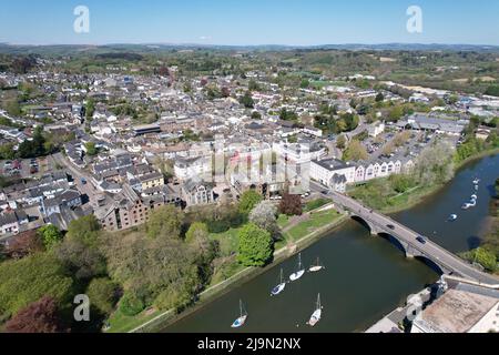 Totnes town and river Dart  Devon UK drone aerial view