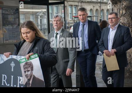 John Finucane and Mickey Brady attends, the British government plan to change the law in relation to the British agent and soldier who murder Irish Catholic and Irish Republic exempt from prosecution. The victims of the families here to seeking justice curry a coffin in front of Downing street, London, UK. - 24 May 2022. Stock Photo