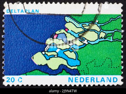 NETHERLANDS - CIRCA 1972: a stamp printed in the Netherlands shows Map of Delta, Delta Plan Project to shorten the Coastline, circa 1972 Stock Photo