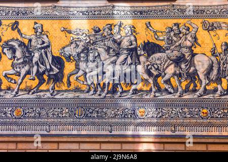 Dresden ,Germany. Part of the wall - Procession of princes(Fuerstenzug).It is know as the largest porcelain artwork in the word Stock Photo