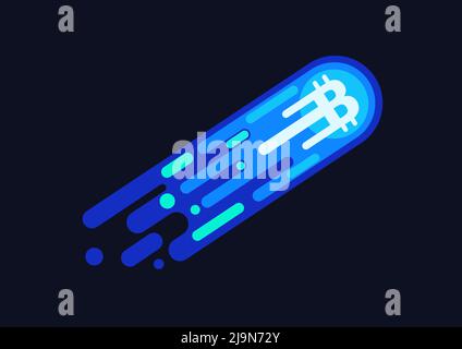 Bitcoin azure blue neon comet symbol flying in open space cartoon vector illustration. Stock Vector