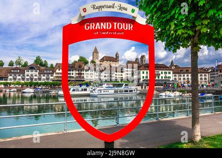 Scenic Zurich lake and medieval town Rapperswil-Jona , Switzerland 3.06.2022 Stock Photo