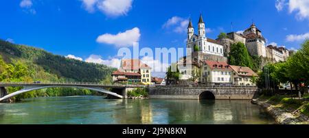 Switzerland travel and landmarks. Aarburg - old medieval town with impressive castle and cathedral over rock. Canton Aargau, Bern province Stock Photo