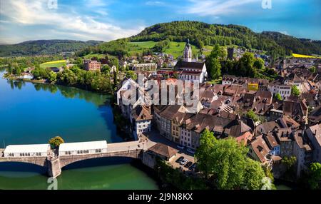 Romantic beuatiful paces of Switzerland . Laufenburg town over Rhein river. popular tourist destination, border with Germany. Aerial panoramic view Stock Photo