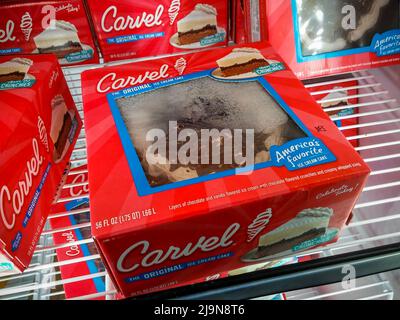 Carvel brand ice cream cakes in a supermarket freezer in New York seen on Tuesday, May 17, 2022. Carvel. Cinnabon and Auntie Annes' chains are owned by Focus Brands. The 82 year old Carvel brand has over 400 locations on the East Coast and in Florida. (© Richard B. Levine) Stock Photo