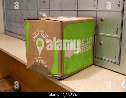 A distressed delivery from the Hello Fresh meal subscription service waits to be picked up in the lobby of an apartment building in New York on Monday, May 16, 2022. (© Richard B. Levine)