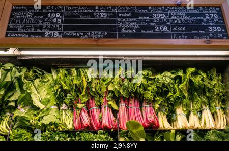 The prices of produce are posted in a supermarket in New York on Thursday, May 12, 2022. Wholesale prices for April 2022 were up 11 percent over the same time last year and 0.5% since March.  (© Richard B. Levine) Stock Photo