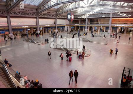 Moynihan Train Hall, an expansion of Penn Station in the former James A. Farley Post Office Building, has access to the Long Island Railroad & Amtrak. Stock Photo