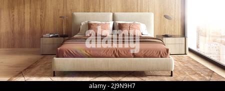 Modern scandinavian and Japandi style bedroom interior design with bed terracotta color, wood panels on wall and floor. 3d render illustration. Stock Photo