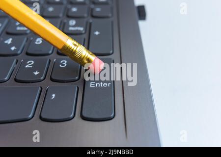 Pen by pressing the enter key on a computer keyboard, copy space. Stock Photo