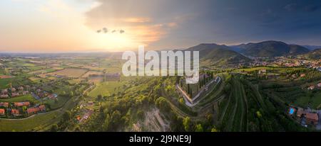 Panoramic aerial view of the Franciacorta countryside, Lombardy, Italy Stock Photo