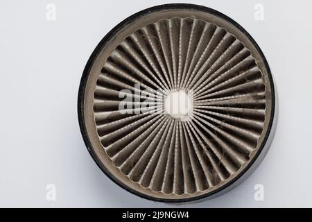 dust, hairs and fur on radial HEPA filter, close-up with selective focus Stock Photo