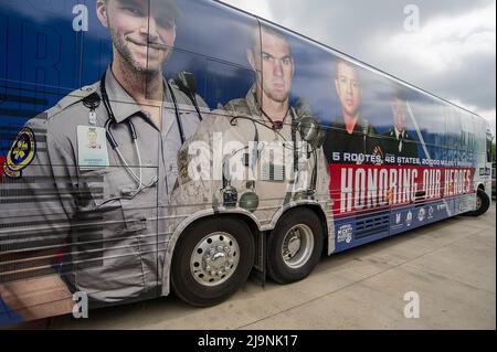 Republic Square Park. 24th May, 2022. Carry The Load bus before the start of the West Coast Route of the 2022 National Relay to rally and honor the sacrifices of our nationÕs heroes at Republic Square Park. Austin, Texas. Mario Cantu/CSM/Alamy Live News Stock Photo