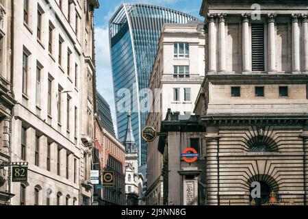 London - 21 May 2022 - View of Traditional & Modern British Skyline in City of London with Bank Underground Station, London, England, UK Stock Photo