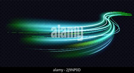 Abstract green blue wave light effect in perspective vector illustration. Magic luminous azure glow design element on dark background, flash luminosity, abstract neon motion glowing wavy lines Stock Vector