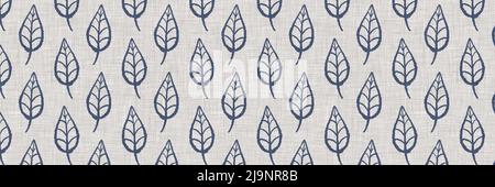 French blue botanical leaf linen seamless border with 2 tone country cottage style motif. Simple vintage rustic fabric textile effect. Primitive Stock Photo