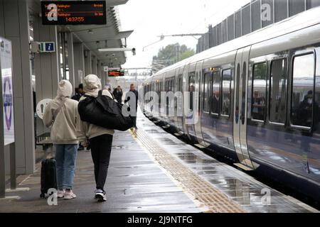 An Elizabeth Line train at Abbey Wood station, London, on its first day of operation on 24 May 2022 as part of the Crossrail project Stock Photo