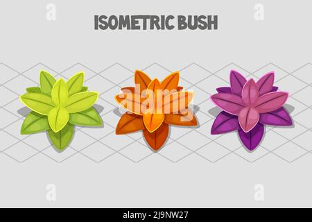 Three bushes for 2d game, cartoon landscape objects on isometric grid Stock Vector