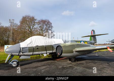 York.Yorkshire.United Kingdom.February 16th 2022.A Meteor jet fighter is on display at the Yorkshire air museum Stock Photo