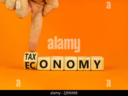 Taxonomy or economy symbol. Businessman turns wooden cubes and changes the concept word Economy to Taxonomy. Beautiful orange background. Business eco Stock Photo
