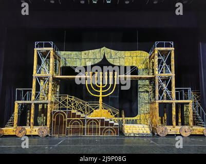 Dnipro, Ukraine - December 05, 2021: Decorated classical opera and balet theater stage in Jewish style. View from the side of auditorium Stock Photo