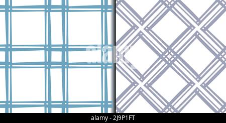 Two checkered geometric grid seamless patterns. Hand drawn doodle paint brush line, monochrome blue lilac color check templates. White easy editable Stock Vector