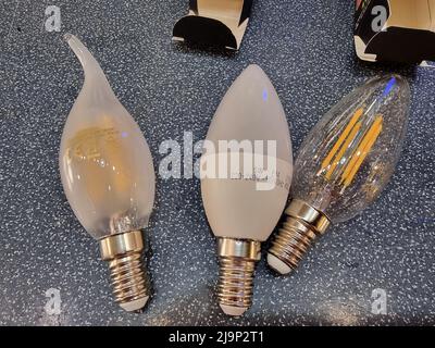 Three LED bulbs that consume less energy and are more ecological Stock Photo