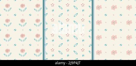 Nursery seamless patterns, set of 3. Hand drawn doodle flowers, leaf, dot, lines. Diagonal, vertical geometrical grid. Tender pastel baby color Stock Vector