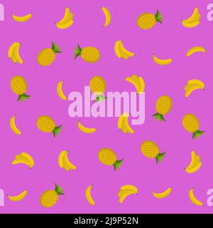 pink background pattern with bananas and pineapples, vector illustration Stock Vector