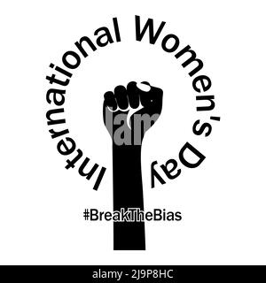 Break The Bias campaign. Female hand with fist raised up in protest black silhouette isolated on white background. International Womens Day. March 8 Stock Vector