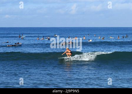 A young surfer riding a wave at Batu Bolong Beach in Canggu, Bali, Indonesia Stock Photo