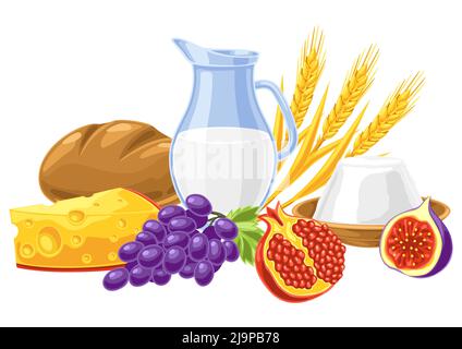 Happy Shavuot illustration. Holiday background with Jewish festival traditional symbols. Stock Vector