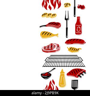 Bbq seamless pattern with grill objects and icons. Stylized kitchen and restaurant menu items. Stock Vector